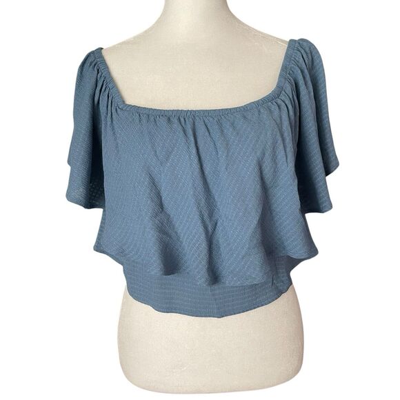 Reformation Womens Small Crop Top Blue Off the Shoulder Flounce Blouse Solid - Picture 1 of 8